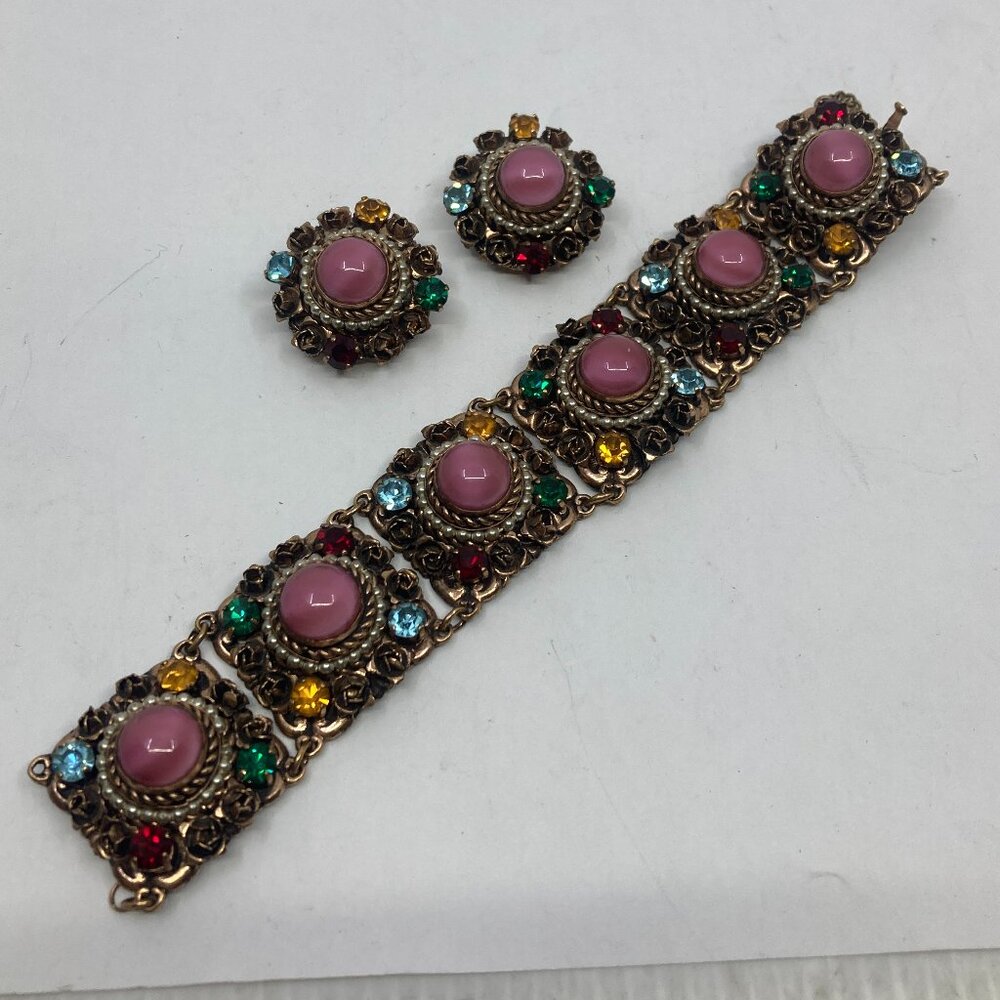 Vtg 1960s MIRIAM HASKELL era filigree rhinestone crystal earrings bracelet